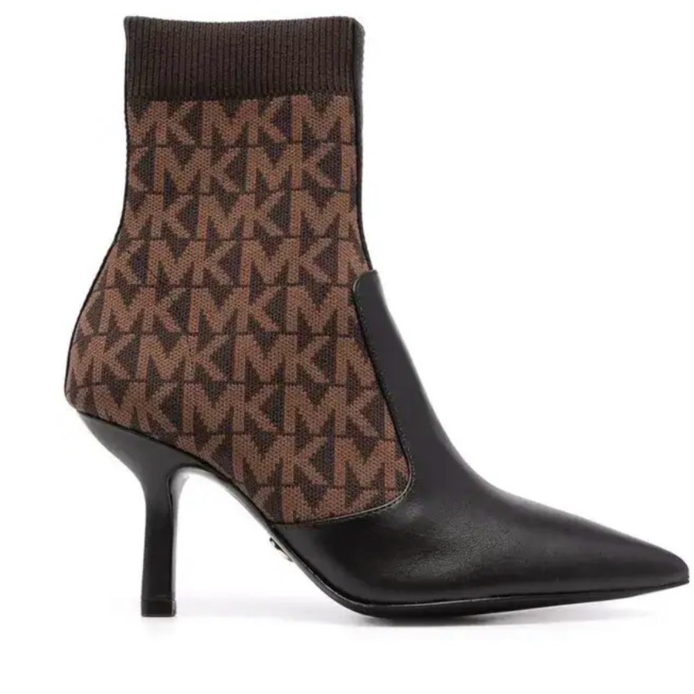 Michael Kors Monogram Heeled Boots (Sock Booties) in Brown/Black - Picture 5 of 14